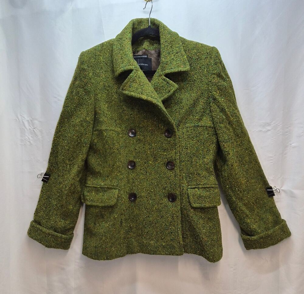 Green Tweed Double-Breasted Wool-Blend Satin Lined Coat Women's L Classic